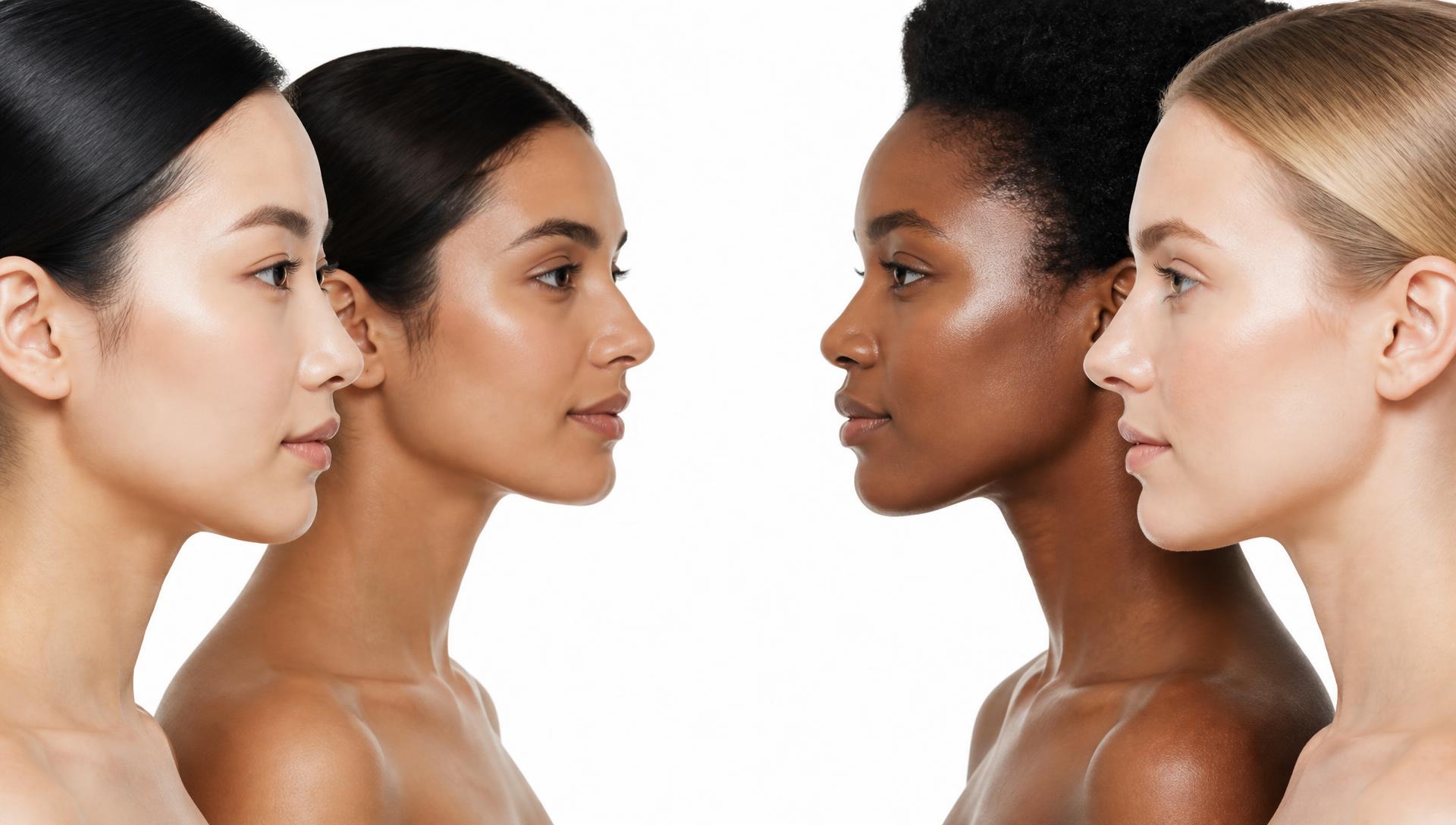 Four women of different skin tones in profile with healthy, glowing skin